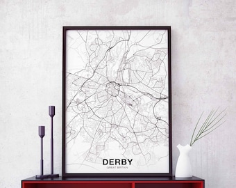 DERBY Great Britain UK map poster black white Hometown City Print Modern Home Decor Office Decoration Wall Art Dorm Bedroom Gift