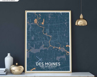 DES MOINES Iowa USA map poster black white Hometown City Print Modern Home Decor Office Decoration Wall Art Dorm Bedroom Gift