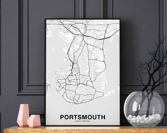 PORTSMOUTH Great Britain UK map poster black white Hometown City Print Modern Home Decor Office Decoration Wall Art Dorm Bedroom Gift