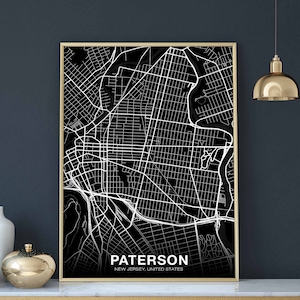 PATERSON New Jersey NJ USA mapa plakat czarno-biały Hometown Miasto Drukuj Nowoczesny wystrój domu Dekoracja biurowa Sztuka ścienna Akademik Sypialnia Prezent