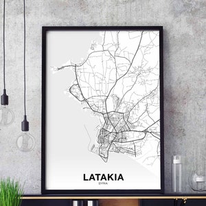 LATAKIA syrie carte affiche noir blanc ville natale ville impression moderne décor à la maison bureau décoration mur art dortoir chambre cadeau