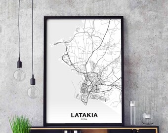 LATAKIA Syria map poster black white Hometown City Print Modern Home Decor Office Decoration Wall Art Dorm Bedroom Gift