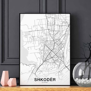 SHKODER Albanie carte affiche noir blanc ville natale ville impression moderne décor à la maison bureau décoration mur art dortoir chambre cadeau