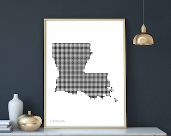 LOUISIANA US state minimal dots retro map poster black white wall decor design modern swiss scandinavian nordic housewarming travel