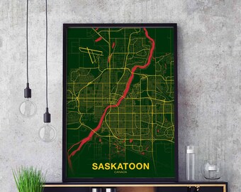 SASKATOON Canada map poster color Hometown City Print Modern Home Decor Office Decoration Wall Art Dorm Bedroom Gift