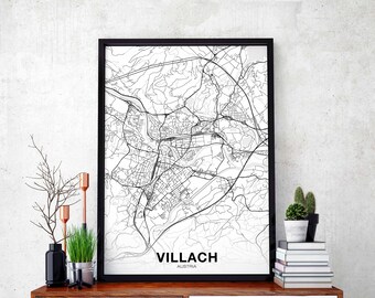 VILLACH Austria map poster black white Hometown City Print Modern Home Decor Office Decoration Wall Art Dorm Bedroom Gift