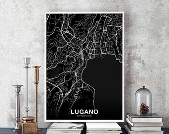 LUGANO Switzerland map poster black white Hometown City Print Modern Home Decor Office Decoration Wall Art Dorm Bedroom Gift