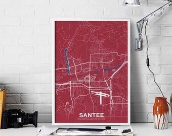 SANTEE California CA usa map poster color Hometown City Print Modern Home Decor Office Decoration Wall Art Dorm Bedroom Gift