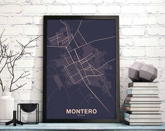 MONTERO Bolivia map poster color Hometown City Print Modern Home Decor Office Decoration Wall Art Dorm Bedroom Gift