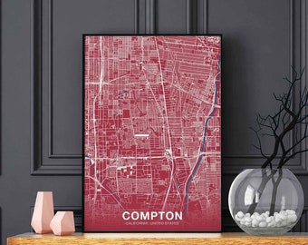 COMPTON California CA USA  poster color Hometown City Print Modern Home Decor Office Decoration Wall Art Dorm Bedroom Gift