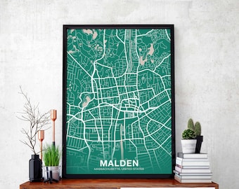 MALDEN Massachusetts MA USA map poster color Hometown City Print Modern Home Decor Office Decoration Wall Art Dorm Bedroom Gift