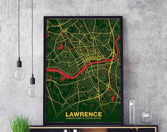 LAWRENCE Massachusetts MA USA map poster color Hometown City Print Modern Home Decor Office Decoration Wall Art Dorm Bedroom Gift