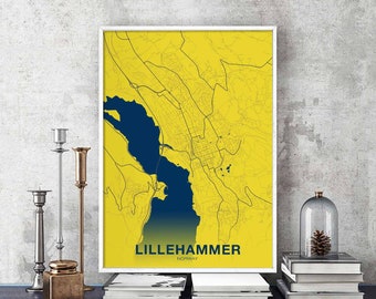 LILLEHAMMER Norway Norge map poster color Hometown City Print Modern Home Decor Office Decoration Wall Art Dorm Bedroom Gift