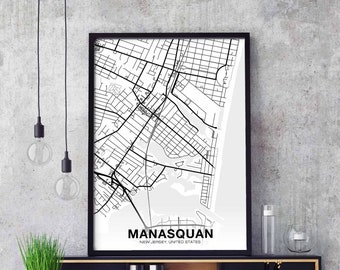 MANASQUAN New Jersey NJ USA map poster black white Hometown City Print Modern Home Decor Office Decoration Wall Art Dorm Bedroom Gift