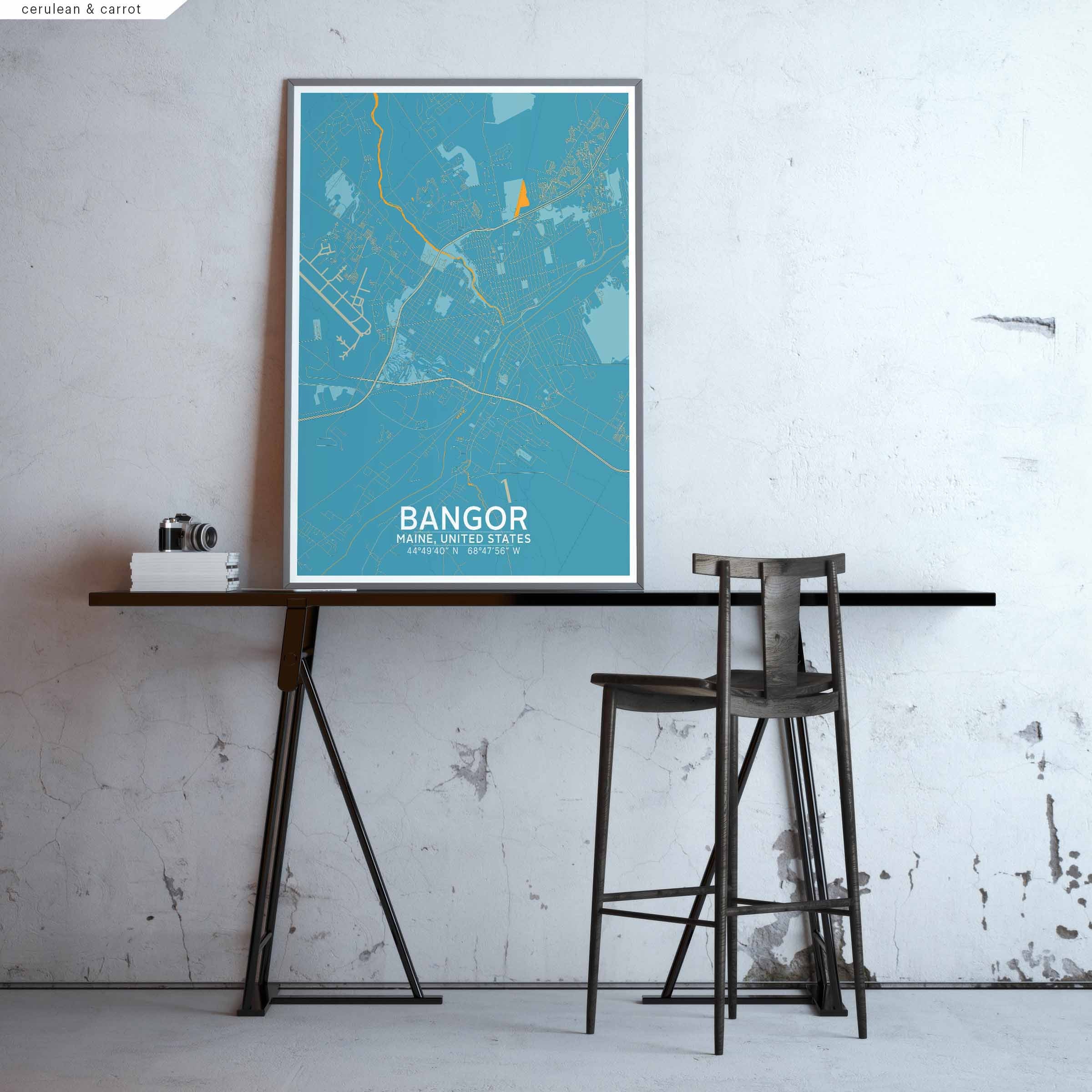 Bangor Maine Usa Map Poster Black White Hometown City Print Modern