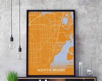 NORTH MIAMI Florida FL usa map poster color Hometown City Print Modern Home Decor Office Decoration Wall Art Dorm Bedroom Gift