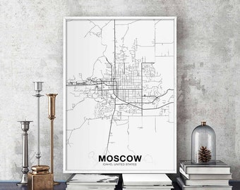 MOSCOW Idaho ID usa map poster black white Hometown City Print Modern Home Decor Office Decoration Wall Art Dorm Bedroom Gift