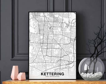 KETTERING Ohio OH USA map poster black white  Hometown City Print Modern Home Decor Office Decoration Wall Art Dorm Bedroom Gift