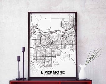 LIVERMORE California CA USA map poster black white  Hometown City Print Modern Home Decor Office Decoration Wall Art Dorm Bedroom Gift