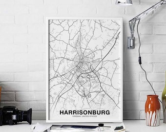 HARRISONBURG Virginia VA US map poster black white Hometown City Print Modern Home Decor Office Decoration Wall Art Dorm Bedroom Gift