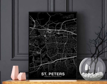 ST PETERS Missouri MO us map poster black white Hometown City Print Modern Home Decor Office Decoration Wall Art Dorm Bedroom Gift