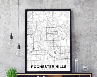 ROCHESTER HILLS Michigan MI usa map poster black white Hometown City Print Modern Home Decor Office Decoration Wall Art Dorm Bedroom Gift