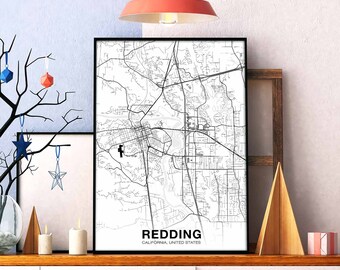 REDDING California CA USA map poster black white Hometown City Print Modern Home Decor Office Decoration Wall Art Dorm Bedroom Gift