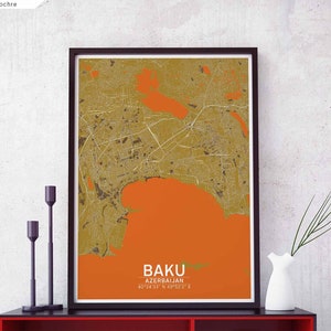 Baku azerbaïdjan carte affiche noir blanc ville natale ville impression moderne décor à la maison bureau décoration mur art dortoir chambre cadeau