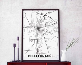 BELLEFONTAINE Ohio OH USA map poster black white  Hometown City Print Modern Home Decor Office Decoration Wall Art Dorm Bedroom Gift