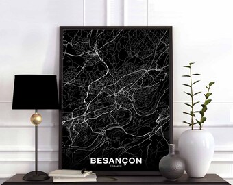 BESANCON  France map poster black white Hometown City Print Modern Home Decor Office Decoration Wall Art Dorm Bedroom Gift