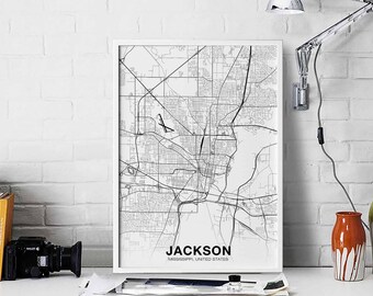 JACKSON Mississippi MS USA map poster black white Hometown City Print Modern Home Decor Office Decoration Wall Art Dorm Bedroom Gift