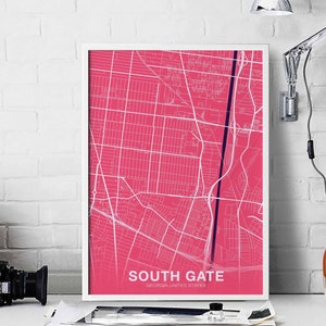 Póster de mapa de SOUTH GATE California CA usa en color, ciudad natal, impresión moderna, decoración del hogar, decoración de la oficina, arte de pared, dormitorio, regalo