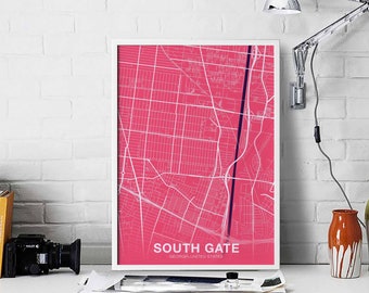 SOUTH GATE California CA usa map poster color Hometown City Print Modern Home Decor Office Decoration Wall Art Dorm Bedroom Gift