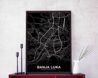 BANJA LUKA Bosnia Herzegovina map poster black white Hometown City Print Modern Home Decor Office Decoration Wall Art Dorm Bedroom Gift