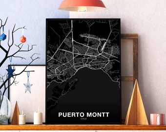 PUERTO MONTT Chile map poster black white Hometown City Print Modern Home Decor Office Decoration Wall Art Dorm Bedroom Gift