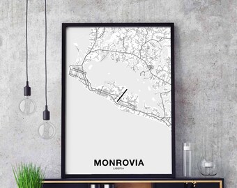 MONROVIA Liberia map poster black white Hometown City Print Modern Home Decor Office Decoration Wall Art Dorm Bedroom Gift