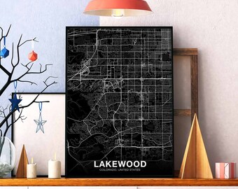LAKEWOOD Colorado CO USA map poster black white Hometown City Print Modern Home Decor Office Decoration Wall Art Dorm Bedroom Gift