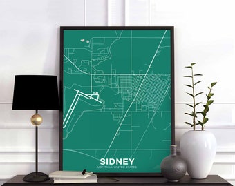 SIDNEY Montana MT US map poster color Hometown City Print Modern Home Decor Office Decoration Wall Art Dorm Bedroom Gift