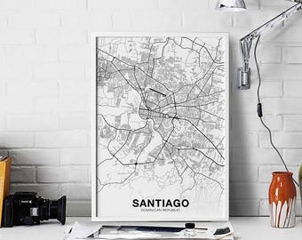 SANTIAGO Dominican Republic map poster black white  Hometown City Print Modern Home Decor Office Decoration Wall Art Dorm Bedroom Gift
