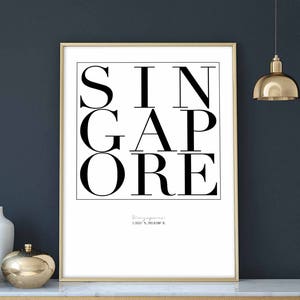 Póster con impresión artística de tipografía minimalista de Singapur, diseño de decoración de pared en blanco y negro, inspiración nórdica escandinava suiza moderna