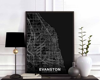 EVANSTON Illinois IL USA map poster black white Hometown City Print Modern Home Decor Office Decoration Wall Art Dorm Bedroom Gift