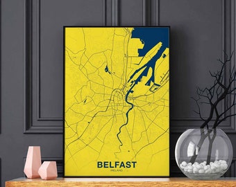 BELFAST Ireland map poster color Hometown City Print Modern Home Decor Office Decoration Wall Art Dorm Bedroom Gift