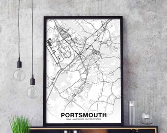 PORTSMOUTH New Hampshire NH USA map poster black white Hometown City Print Modern Home Decor Office Decoration Wall Art Dorm Bedroom Gift