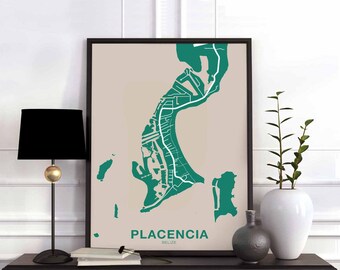PLACENCIA Belize map poster color Hometown City Print Modern Home Decor Office Decoration Wall Art Dorm Bedroom Gift