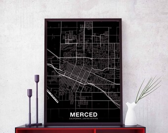MERCED California CA USA map poster black white Hometown City Print Modern Home Decor Office Decoration Wall Art Dorm Bedroom Gift