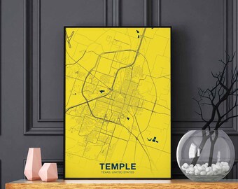 TEMPLE Texas TX US map poster color Hometown City Print Modern Home Decor Office Decoration Wall Art Dorm Bedroom Gift