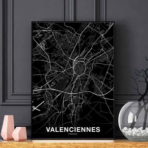 VALENCIENNES France carte affiche noir blanc ville natale ville impression moderne décor à la maison bureau décoration mur art dortoir chambre cadeau