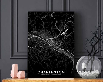 CHARLESTON West Virginia WV USA map poster black white Hometown City Print Modern Home Decor Office Decoration Wall Art Dorm Bedroom Gift