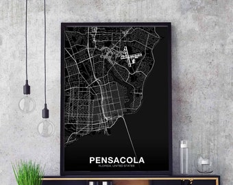 PENSACOLA Florida FL USA map poster black white Hometown City Print Modern Home Decor Office Decoration Wall Art Dorm Bedroom Gift