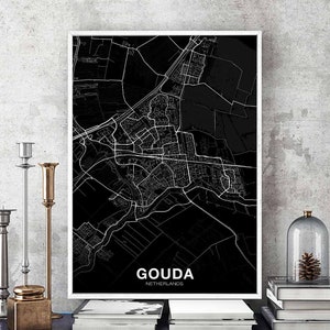 GOUDA Nederland kaart poster zwart wit Woonplaats Stad Print Modern Home Decor Kantoor Decoratie Wall Art Slaapzaal Slaapkamer Cadeau